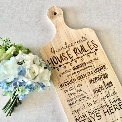 Grandparents House Rules Cutting Board Styled with Flower Bouquet