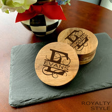 Load image into Gallery viewer, Acacia coasters with royalty style "Evans" split monogram
