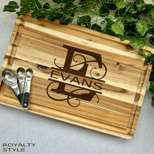 Load image into Gallery viewer, Royalty &quot;Evans&quot; monogram on acacia chopping block
