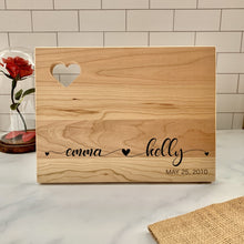 Load image into Gallery viewer, Cutting Board with Heart Cutout in Corner and Scripted Names Linked with Hearts
