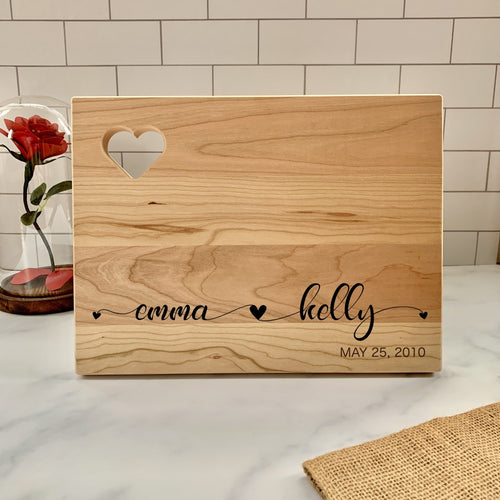 Cutting Board with Heart Cutout in Corner and Scripted Names Linked with Hearts