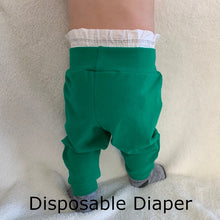 Load image into Gallery viewer, Handmade Solid Color Baby Jogger Pants Green Color Disposable Diaper Example
