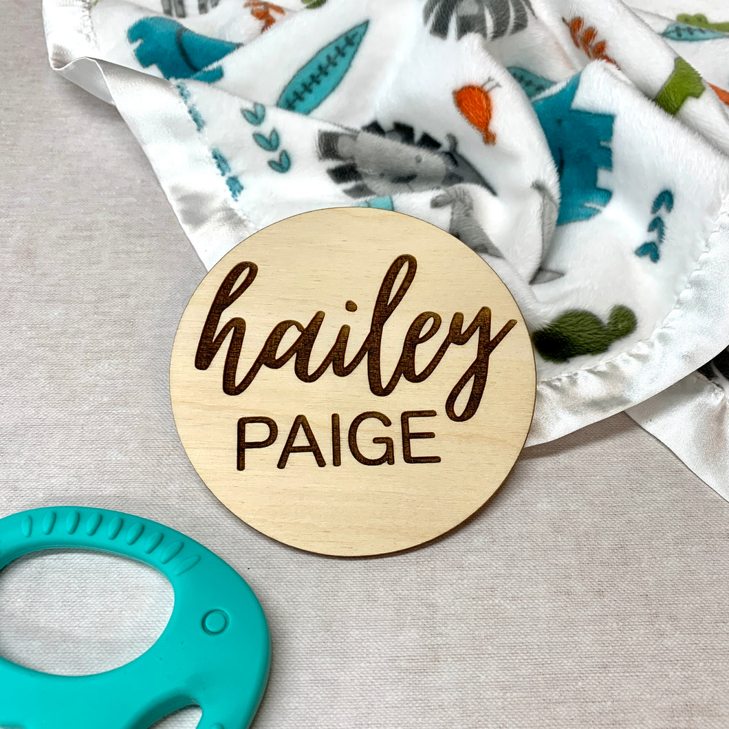 Custom laser engraved baby name wooden round 